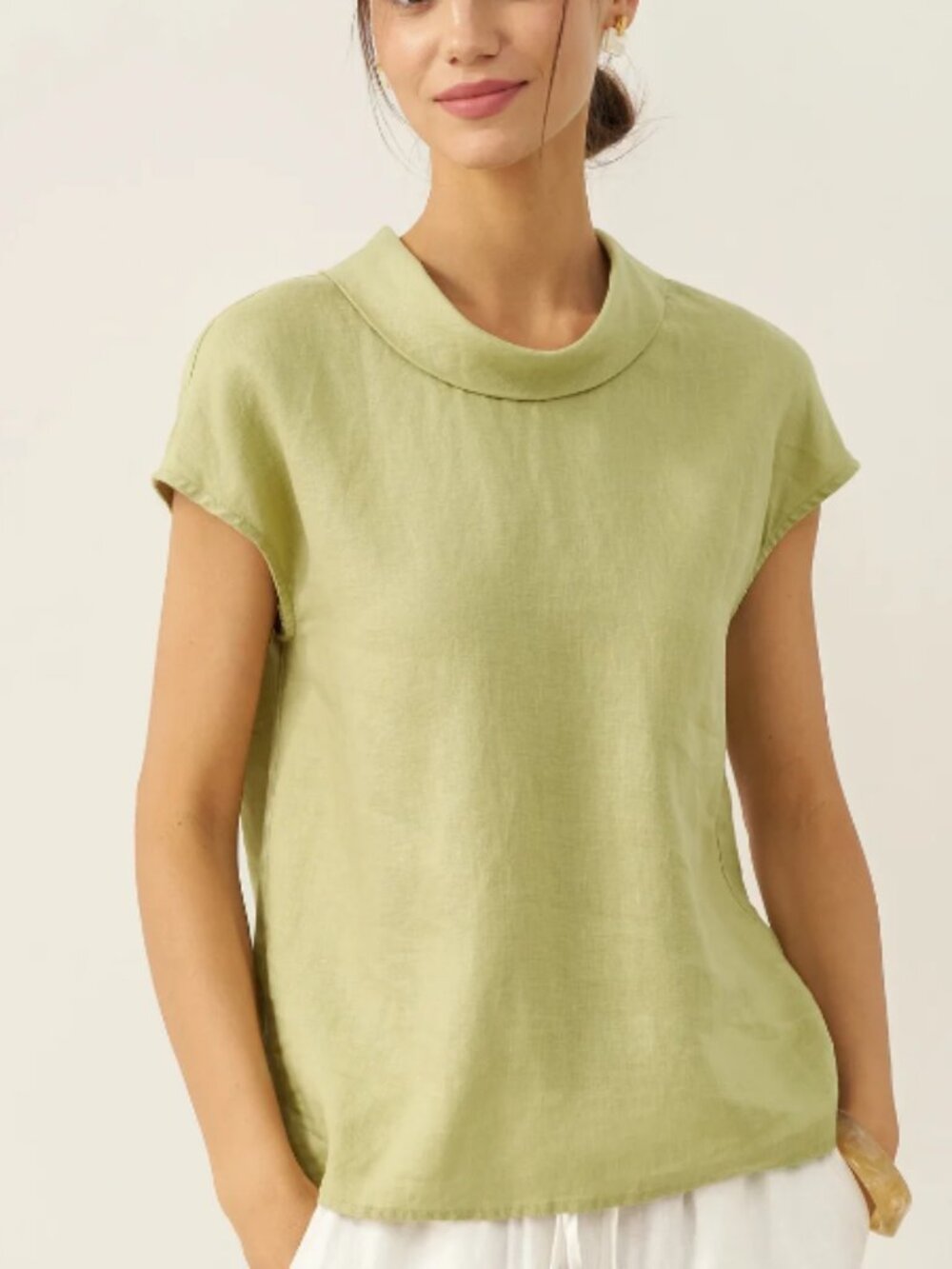 Lintico Yvonne Linen Cap Sleeve Soft Fold Collar Top Sage Apple M